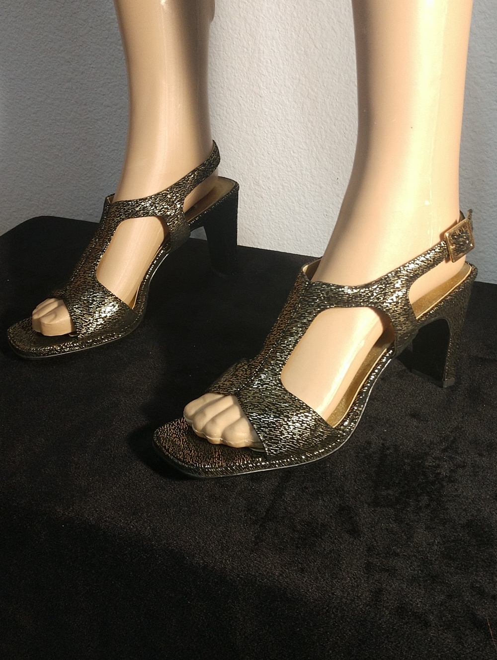 Metallic Gold T-Strap Block Heel Sandals